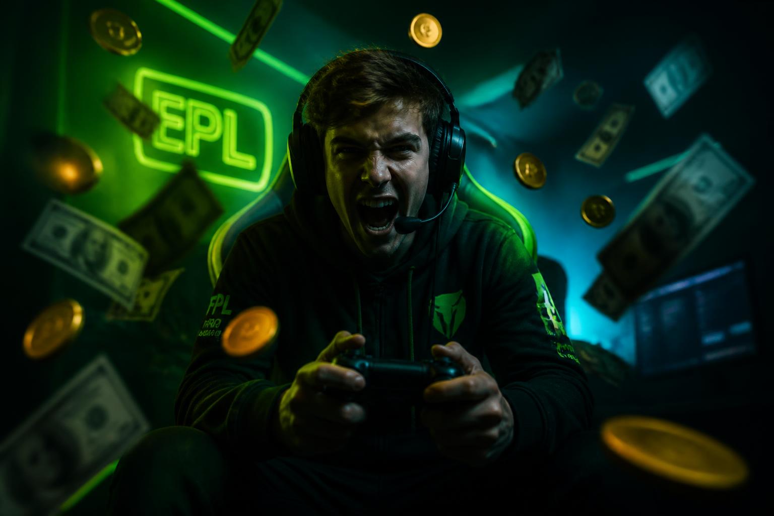 Gamer celebrating a cash win with a controller in a neon-lit room